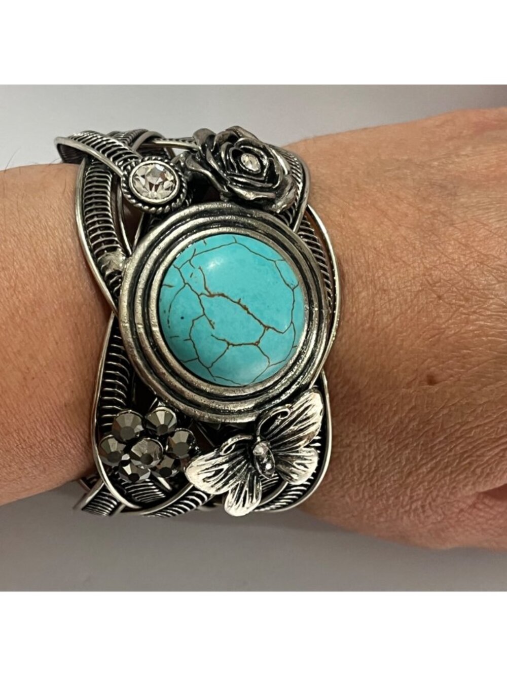 Vintage Silver Tone Cuff Bracelet With Turquoise Stone Floral & Butterfly - Picture 3 of 10